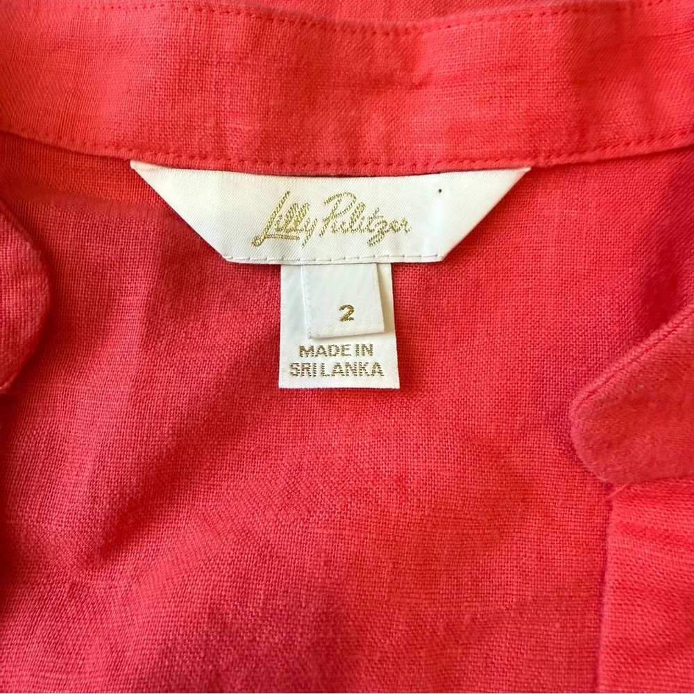 Lilly Pulitzer Womens Mialeigh Elbow Sleeve Top 100% Linen in Cane Corol Size 2